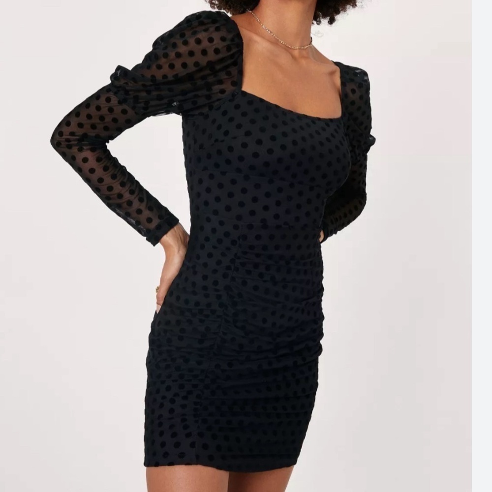 Emerald Sundae 80s Style Bodycon Dress Mesh Black Polka Dot Puff Sleeves Small
